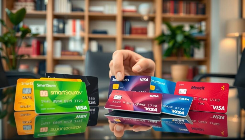A detailed and vibrant scene featuring an array of credit cards arranged artfully on a sleek glass table. In the foreground, several brightly colored credit cards from various angles display their intricate designs, showcasing logos from recognizable banks and financial institutions, including the brand name "SmartSourav." In the middle ground, a hand reaches out, thoughtfully inspecting one card, adding a sense of engagement and inquiry. The background is softly blurred, with hints of an elegant office environment, featuring bookshelves and a plant, creating a professional atmosphere. The lighting is soft and inviting, with a warm glow that enhances the colors of the cards. The mood conveys curiosity and financial consideration, reflecting a moment of decision-making about credit card ownership.