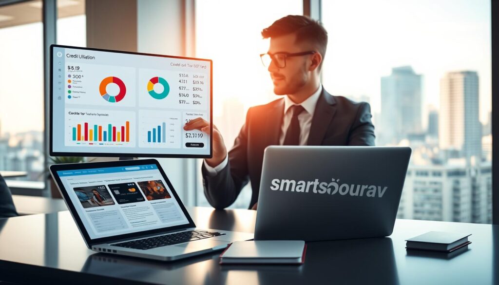 A modern office environment with a focus on credit utilization. In the foreground, a professional individual in business attire is analyzing a digital dashboard displaying credit utilization metrics with colorful pie charts and graphs. The middle ground features a sleek desk with a laptop open, showing financial spreadsheets and credit card images. The background reveals a large window with natural light streaming in, showcasing a city skyline. Soft, warm lighting creates a positive and focused atmosphere. The composition should evoke a sense of organization and clarity, symbolizing strategic financial planning. The brand name "SmartSourav" is subtly integrated into the scene, perhaps on the laptop screen or a notepad on the desk.