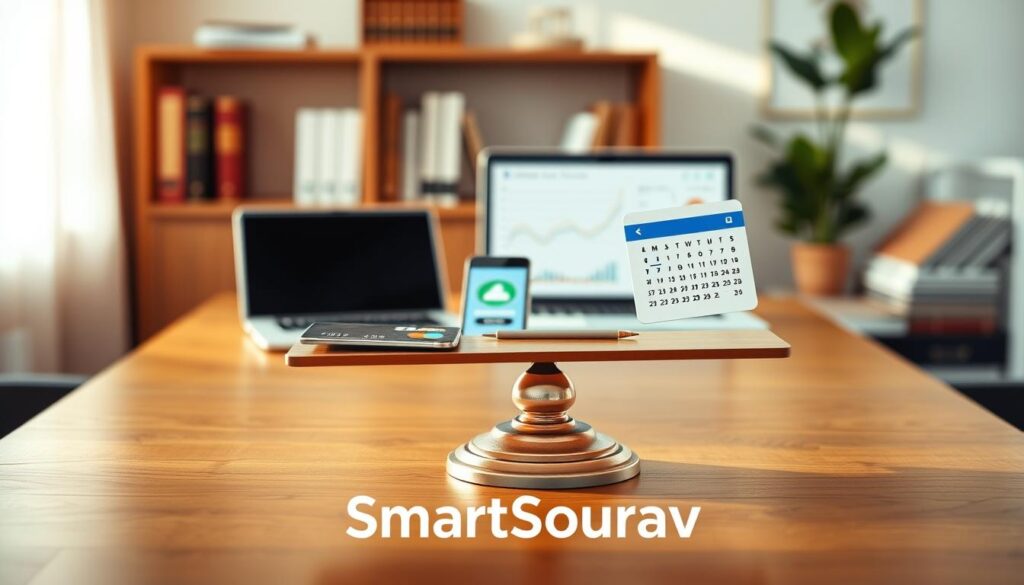 A visually engaging depiction of credit history, focusing on the balance of keeping, downgrading, or closing credit cards. In the foreground, an elegant wooden table displays a balance scale with credit cards on one side and a calendar on the other, symbolizing decision-making. In the middle, a smartphone shows a credit score app, and beside it, a laptop is open with a graph illustrating credit trends. The background features a softly lit office environment with financial books on a shelf, evoking a professional atmosphere. Warm, natural lighting creates a welcoming mood, while a shallow depth of field highlights the balance scale. The image incorporates the brand name "SmartSourav" subtly integrated into the design, ensuring clarity and focus on the subject matter.