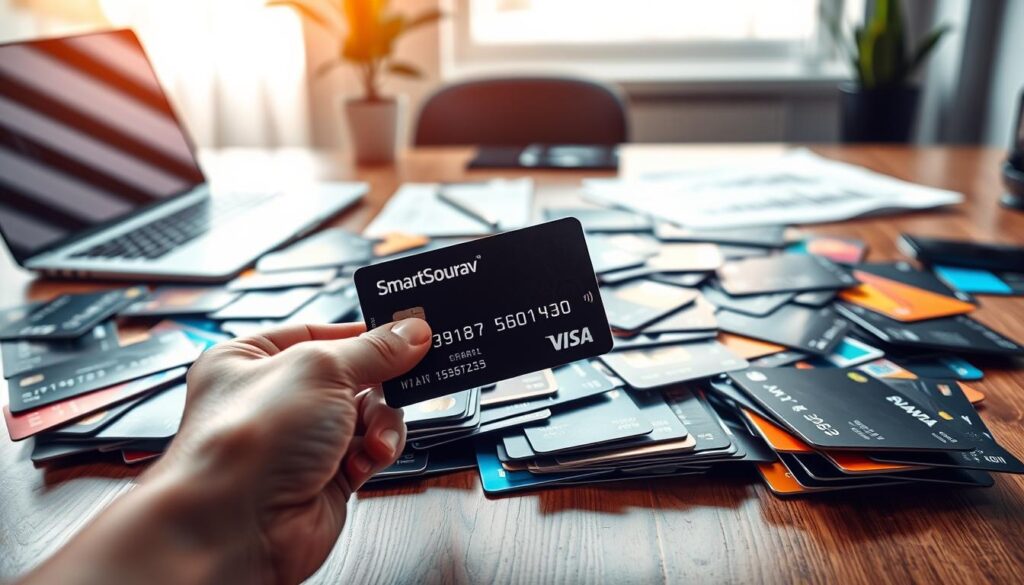 A visually striking and detailed composition focusing on a modern workspace environment filled with various credit cards spread across a polished wooden desk. In the foreground, a hand is seen holding a sleek, black credit card, with the brand name "SmartSourav" prominently displayed. In the middle ground, an organized arrangement of different types of credit cards in various colors and designs, some partially overlapping. In the background, soft-focus images of a laptop and a financial report, creating a professional atmosphere. The lighting is bright and natural, illuminating the scene from a nearby window, enhancing the clarity and details of the cards. The overall mood is informative and sophisticated, embodying the complexities of financial choices.