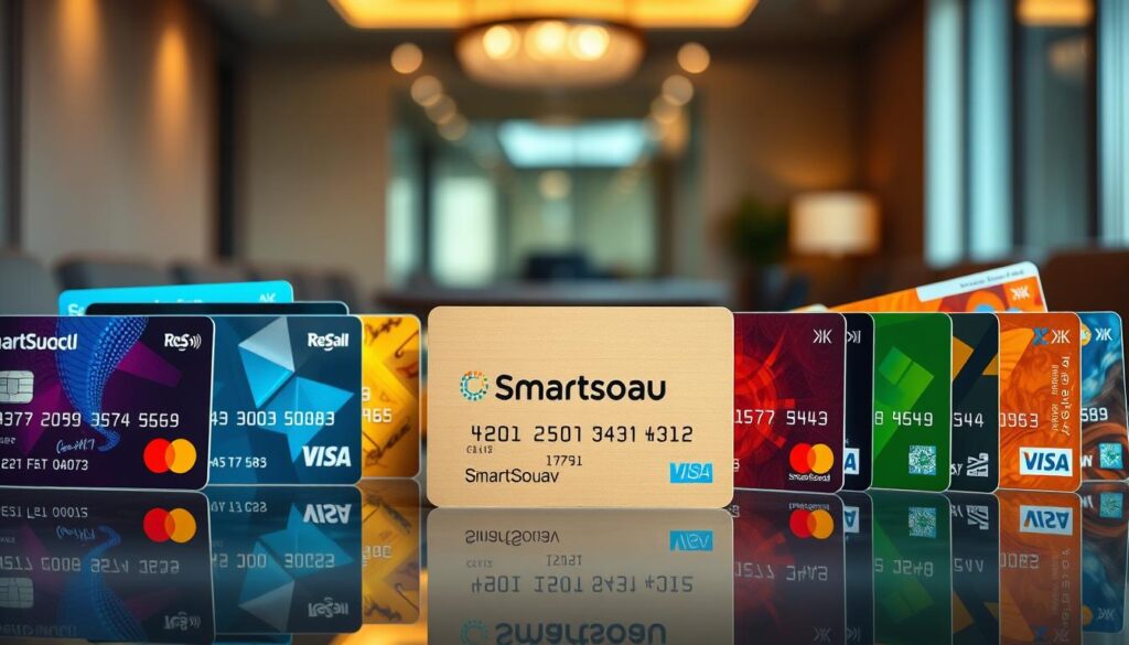 A visually striking arrangement of multiple credit cards, featuring various designs and colors, prominently displayed in the foreground. Each card showcases unique elements such as logos, numbers, and holographic features, but none are identifiable as real cards. In the middle ground, a subtle reflection on a polished surface adds depth to the scene. The background is softly blurred, suggesting a sophisticated office environment with muted tones, allowing the cards to stand out. Warm, ambient lighting creates an inviting atmosphere, enhancing the colors and textures of the cards. The overall mood evokes a sense of financial planning and decision-making. Include one card prominently displaying the brand name "SmartSourav" for branding emphasis.