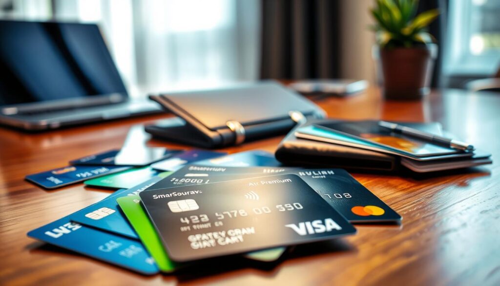 A visually striking composition featuring multiple credit cards spread out on a polished wooden table, highlighting the variety in designs and colors. The foreground focuses on a selection of cards, including a distinguished black premium card labeled 'SmartSourav', alongside cards in blue, green, and gold. The middle ground includes a soft-focus view of an elegant wallet partially open, suggesting organization and financial management. The background is blurred with hints of a modern office environment, including a sleek laptop and a potted plant, creating an atmosphere of professionalism and responsibility. The lighting is bright and warm, emphasizing the shiny surfaces of the cards, evoking a sense of financial empowerment and careful planning. The image captures the essence of managing multiple cards effectively.