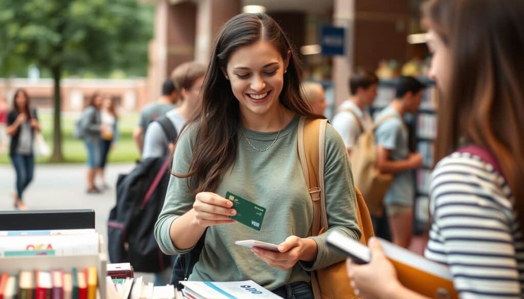College student using a no annual fee credit card