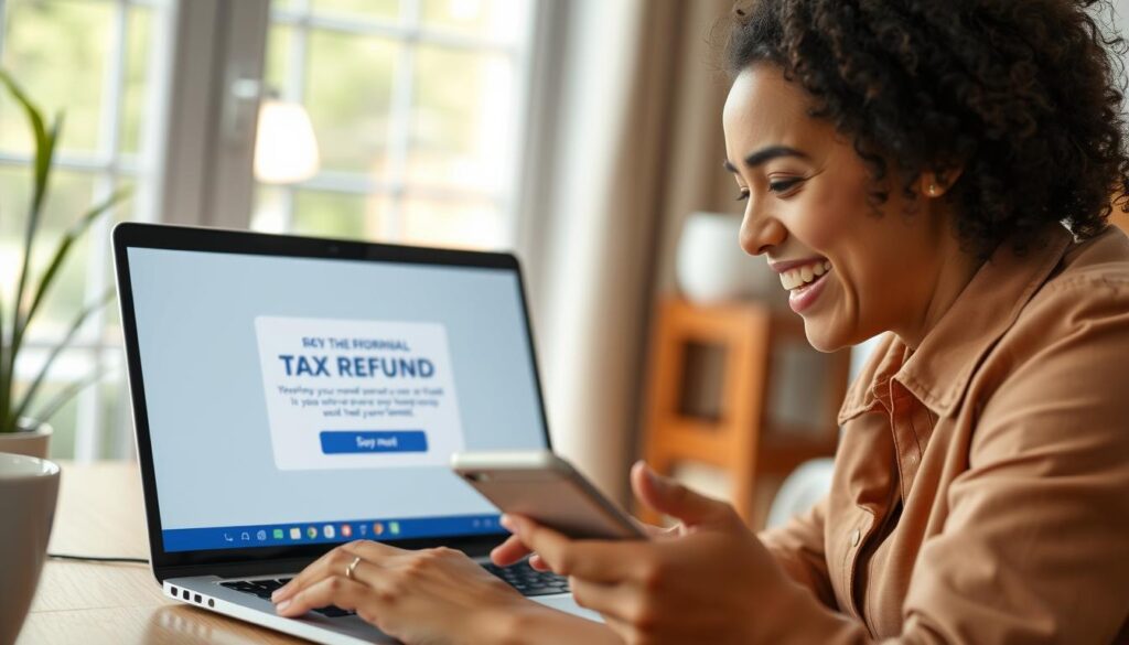 Happy person receiving tax refund notification on where's my refund tool