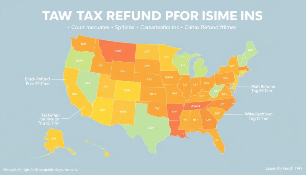 Map of United States highlighting different state tax refund processing times