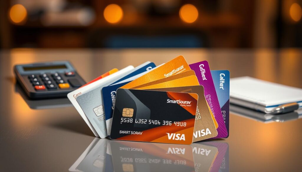 Multiple credit cards displayed prominently in the foreground, showcasing a variety of designs and colors, including one prominently featuring the brand name "SmartSourav." The cards should be fanned out on a sleek, reflective surface to emphasize their details. In the middle ground, include a blurred calculator and notepad, suggesting financial planning and budgeting. The background should be softly illuminated with warm, diffused lighting, creating a professional and inviting atmosphere. The angle should be slightly above the cards, providing a comprehensive view that highlights the significance of credit card diversity in a credit score context. Overall, the mood should convey a sense of informed financial decision-making, ideal for readers exploring the implications of having multiple credit cards.