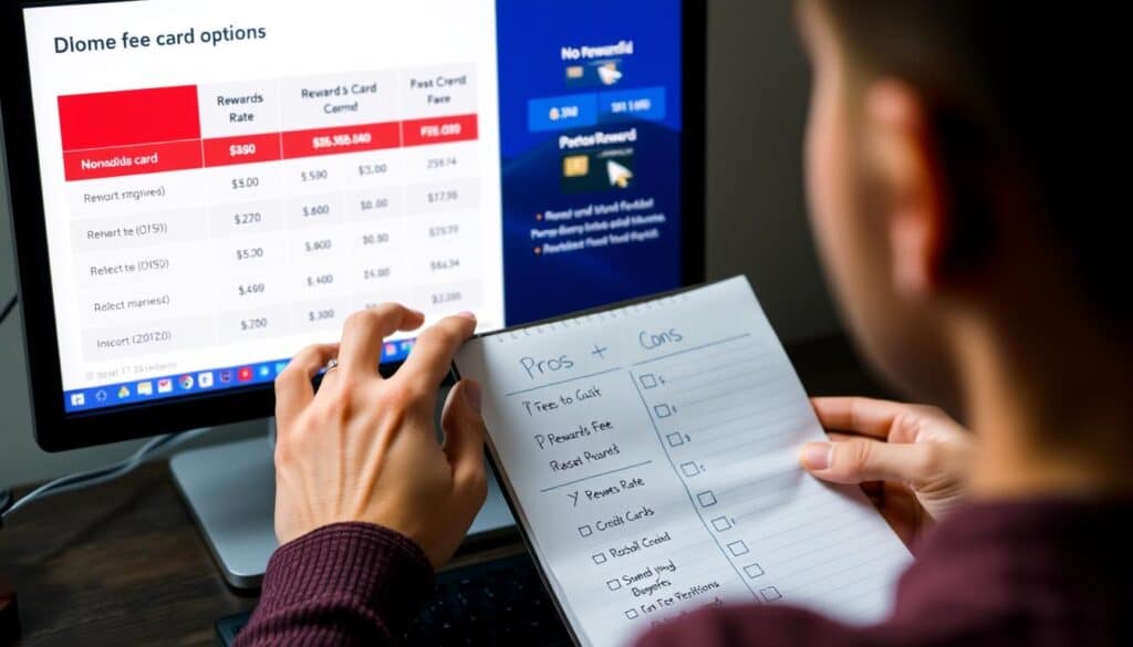 Person analyzing credit card options on computer