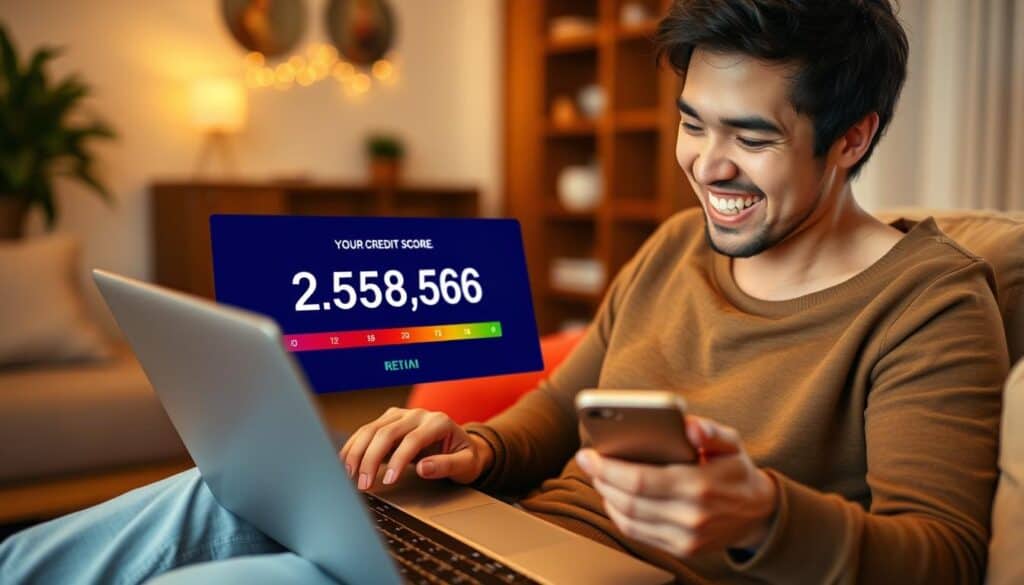 Person celebrating improved credit score after using unsecured credit cards responsibly