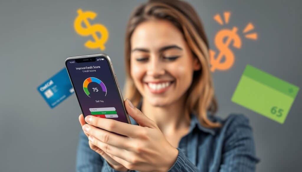 Person celebrating improved credit score with credit card