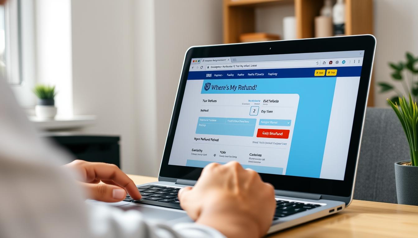 Person checking where's my refund status on laptop with IRS website visible