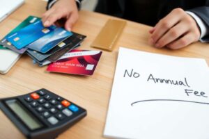 Person comparing credit cards with no annual fee options