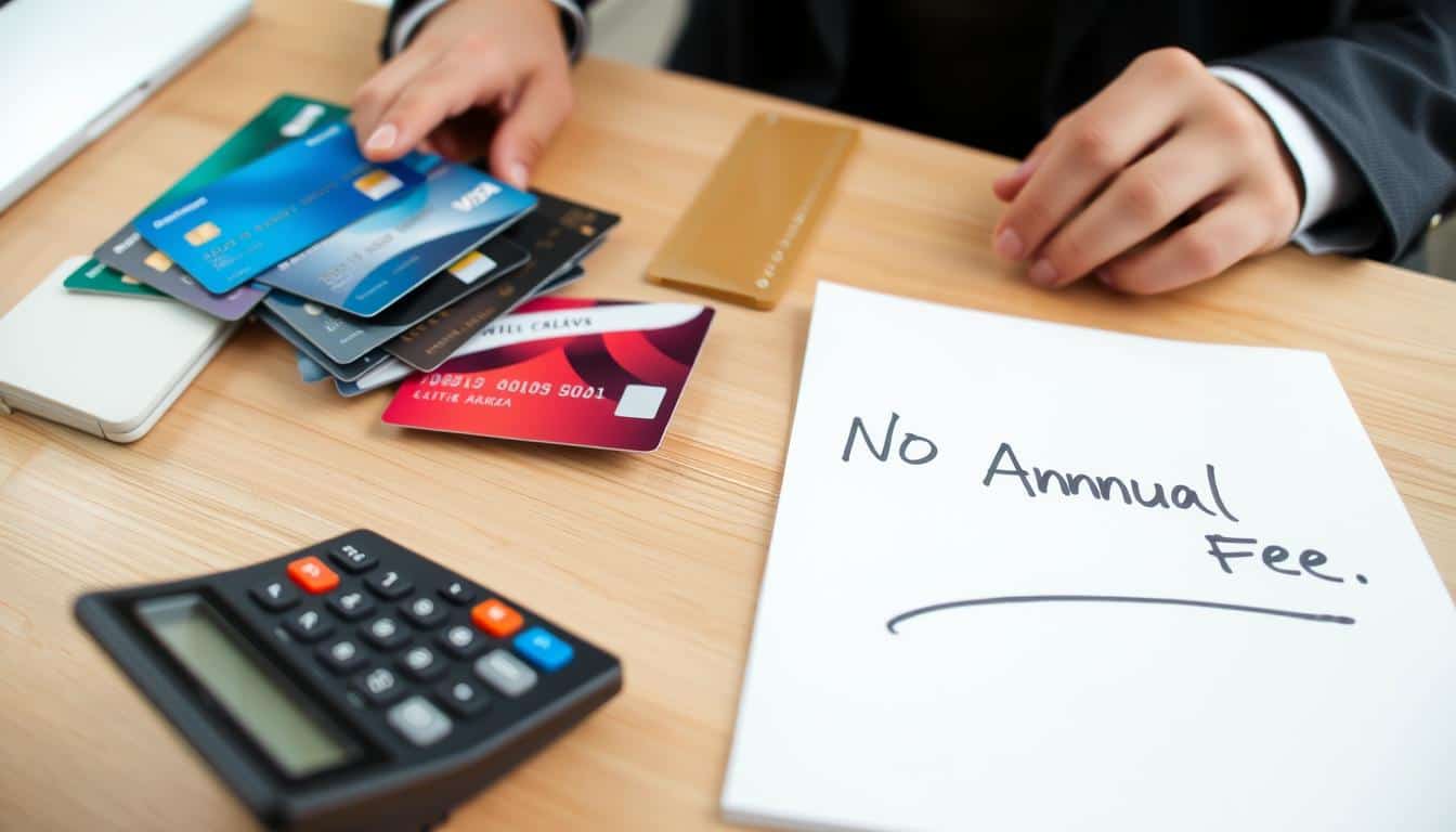 Person comparing credit cards with no annual fee options