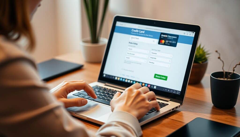 Person completing an online application for an unsecured credit card for bad credit