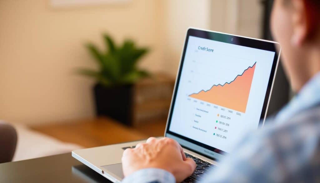 Person reviewing credit score improvement after using unsecured credit cards responsibly