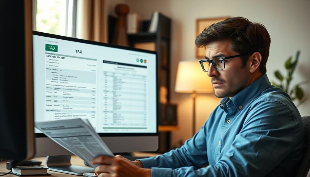 Person reviewing tax documents with a concerned expression while checking where's my refund status