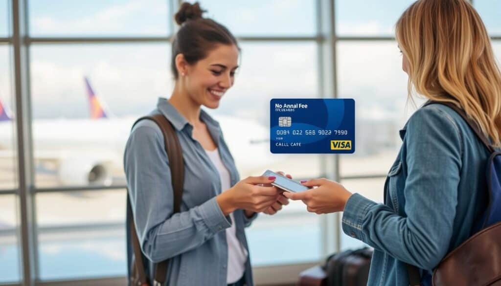 Person using travel rewards credit card while traveling
