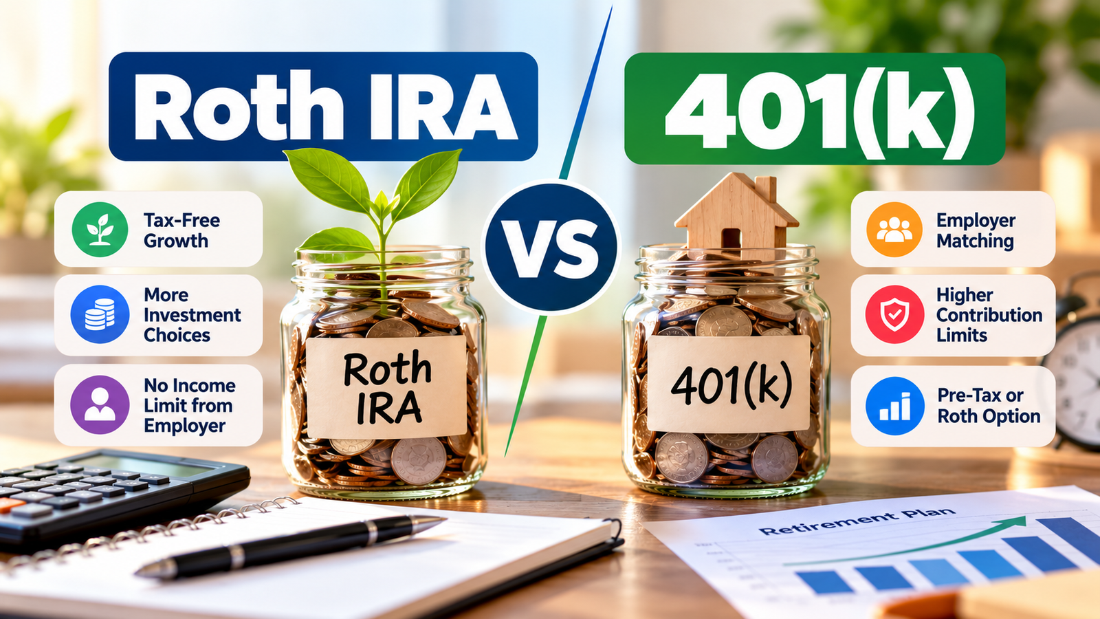 Roth IRA vs. 401(k): Differences, Limits & Which Is Better? 1 Roth IRA vs 401(k)